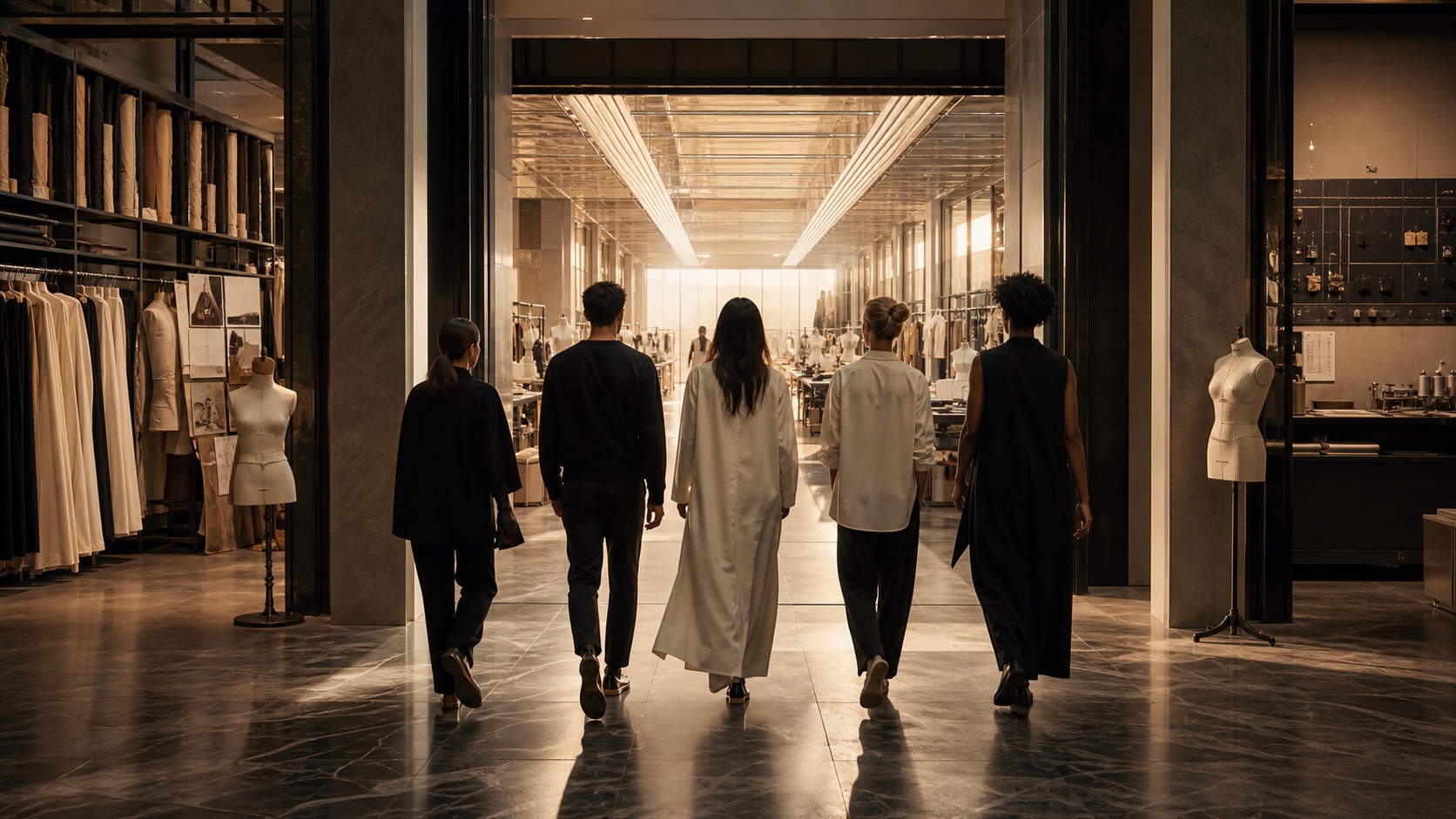 A multidisciplinary fashion and technology team moving together into a modern atelier